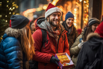smiling volunteer man in santa hat holding a box with food. Assistance to the needy for Christmas, winter holidays - obrazy, fototapety, plakaty