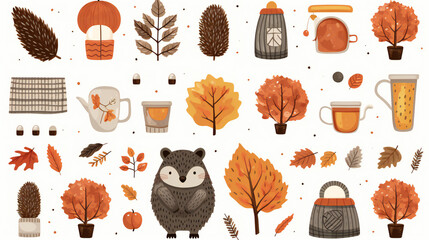 Vector set of fall elements. Autumn season. Leaves, acorns, sweater, scarf, pumpkins, boots, hedgehog, pie, rainbow, inscription. Collection of fall elements for scrapbooking
