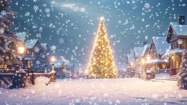 Panorama of a Christmas village with falling snow