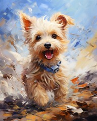 A painting of a cute dog with it's tongue out running through a field. The Joyful Journey of a Playful Pooch Through a Blooming Meadow