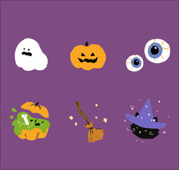 set of Halloween pumpkins  CUTE  cartoon hand drawn  ghost black cat magic