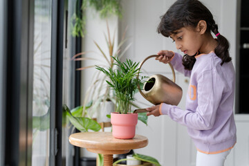 Little girl watering plant at home - obrazy, fototapety, plakaty