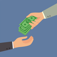 Hand giving money cash bills banknote to other hand. Concept business vector cartoon eps10 illustration in flat style. 