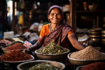 Indian woman homemaker the spices market looking at the camera. Banner - obrazy, fototapety, plakaty
