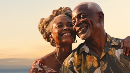 Generative AI image of a black man and woman together, in the style of seaside vistas, joyful celebration of nature