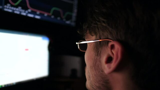 Young financial analyst working on computer with multi-monitor. Stock market broker analysing graphs and foreign exchange charts. Freelancer works at night. Concept of bitcoin BTC and crypto trading