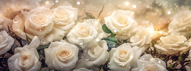 Beautiful white roses with water drops fresh natural background.