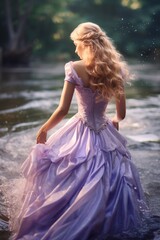 Woman in pink dress in ocean waves on sunset