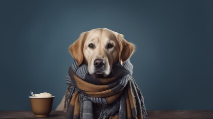 Generative AI image of a copy space banner of a cute a golden retriever wearing a winter hat and a scarf sitting and a cup of hot smoking coffee beside him in front of him
