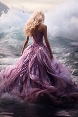 Fototapeta na wymiar Woman in pink dress in ocean waves on sunset