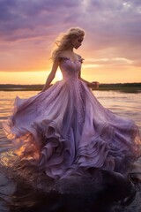 Fototapeta na wymiar Beautiful blonde woman in pink long dress by the sea at sunset