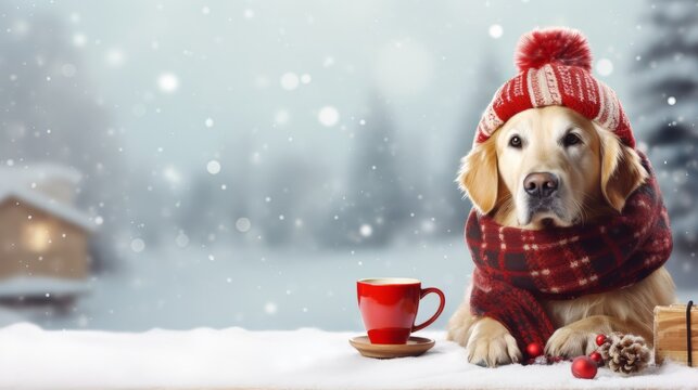 Generative AI image of a copy space banner of a cute a golden retriever wearing a winter hat and a scarf sitting and a cup of hot smoking coffee beside him in front of him