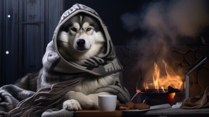 Generative AI image of a copy space banner of a cute Alaskan Malamute wearing a winter hat and a scarf sitting close to a fireplace at a winter night and a cup of hot smoking coffee beside him in fron