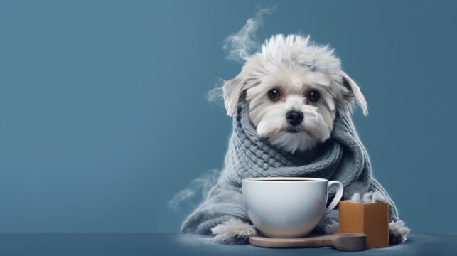 Generative AI image of a copy space banner of a cute dog wearing a winter hat and a scarf sitting and a cup of hot smoking coffee beside him in front of him