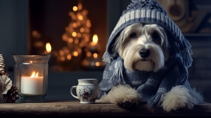 Generative AI image of a copy space banner of a cute Tibetan Terrier wearing a winter hat and a scarf sitting close to a fireplace at a winter night and a cup of hot smoking coffee beside him 