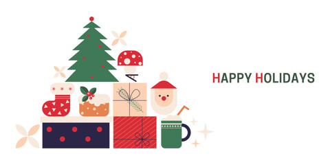 Minimal Christmas background in flat geometric style. Happy holidays banner template. Simple Xmas backdrop design. Cartoon vector illustration