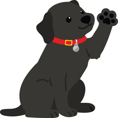 Flat colored black Labrador with a red collar sitting and waving hand illustration