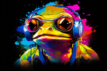Frog wearing headphones and pair of headphones.