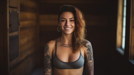 Beautiful young woman with tattoos on her body stands and smiles at the camera. Freelance designer - obrazy, fototapety, plakaty
