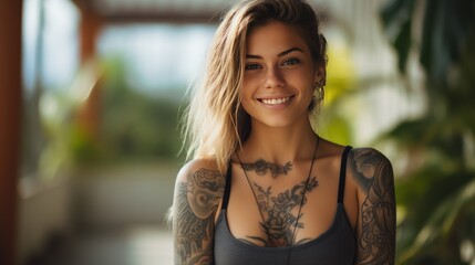 Beautiful young woman with tattoos on her body stands and smiles at the camera. Freelance designer - obrazy, fototapety, plakaty