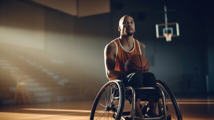 Disabled basketball player in wheelchair practicing in sports gym