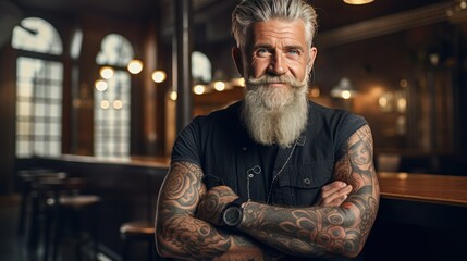 A handsome, bearded, tattooed elderly man stands smiling and looks at the camera. Freelance designer - obrazy, fototapety, plakaty