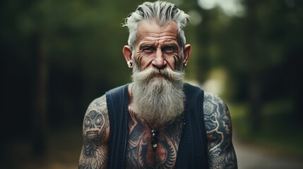 A handsome, bearded, tattooed elderly man stands smiling and looks at the camera. Freelance designer
