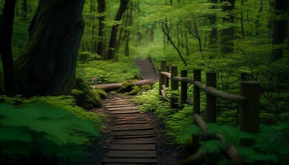 AI generated illustration of a wooden pathway in a lush, green forest