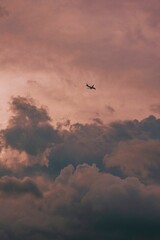 a airplane is flying through the pink clouds in the sunset