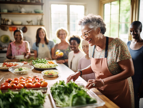 Elderly relatives are happily engaged in the preparation of traditional dishes.