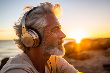 A portrait of a happy retired male elder, wearing sunglasses and modern headphones, is listening to a music song at sunrise morning time. Generative AI. - obrazy, fototapety, plakaty