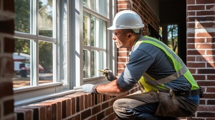 Professional worker installs new aluminum windows in red brick house