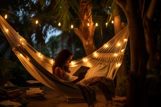 Generative AI image of a woman reading a book in a hammock under tree lights