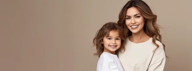 Fotobehang Generative AI image of a young beautiful mother (girl with brown hair, 25-30 years old, in casual white t-shirt) is holding her daughter - a pretty girl of 5 with brown hair and a beautiful smile © Eitan Baron