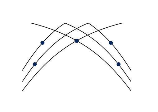 sechs gekr&uuml;mmte und sich kreuzendelinien mit punkten versehen, einfache abstrakte grafik, moderne kunst, logo, copy space, isoliert. freigestellt, transparent, scherenschnitt,