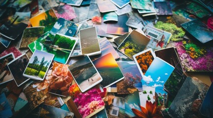 Generative AI image of an array of colorful pictures of different subjects, in the style of instant film, lush landscape backgrounds - obrazy, fototapety, plakaty