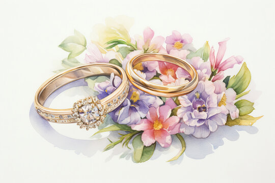 Wedding precious rings composition with flowers watercolor style