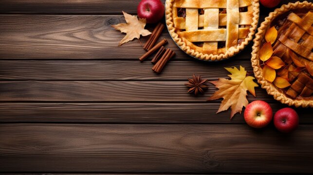 Generative AI image of Assorted homemade autumn pies. Apple, pumpkin and pecan. Above view corner border on a rustic wood background with copy space.