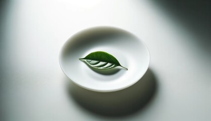 A clean and modern image of a single green leaf on a white plate, epitomizing minimal aesthetic - Powered by Adobe