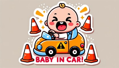 A colorful and adorable cartoon design of a smiling baby driving a yellow car with 'baby in car' sign
