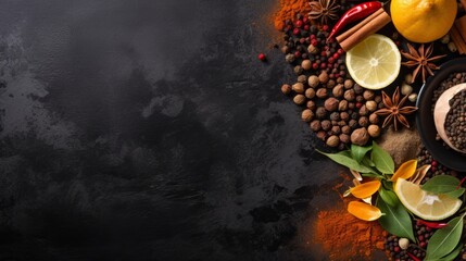 Generative AI image of Autumn baking spices and ingredients. Double border on a dark stone banner background with copy space. Overhead view.