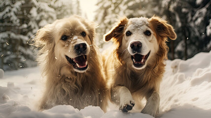 Two wool dogs looking at the camera in a snow-covered forest