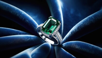 Close-up of an opulent emerald engagement ring set against deep blue satin fabric