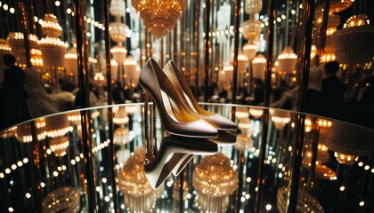 A pair of high-heeled shoes suspended in a room of mirrors, creating an infinite reflection - obrazy, fototapety, plakaty