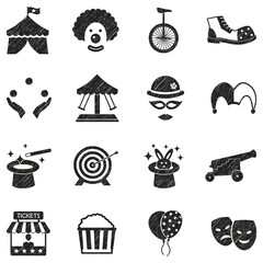 Circus Icons. Black Scribble Design. Vector Illustration.