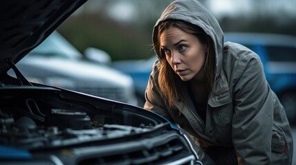 A woman whose car broke down looked worried standing on the road looking at the hood of the car