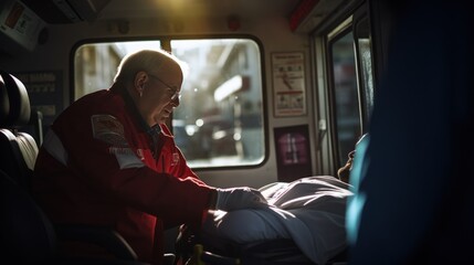 Elderly caregiver pushes wheelchair into ambulance - obrazy, fototapety, plakaty
