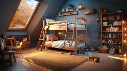 The children's bedroom has a cute, simple bunk bed. Stair safety railing design for upper bunk bed and a comfortable space below for playing or storing. Focusing on space-saving but comfortable design - Powered by Adobe
