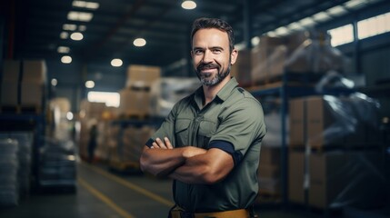 An engineer wearing PPE stands with his arms crossed and smiling looking at the camera in a warehouse with a shipping container in the background.