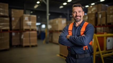 An engineer wearing PPE stands with his arms crossed and smiling looking at the camera in a warehouse with a shipping container in the background.